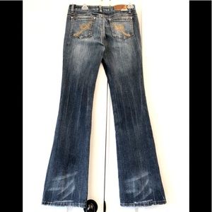 Rocawear EXC hip hugger flare leg medium rinse whiskering 5 pocket sz 7/33